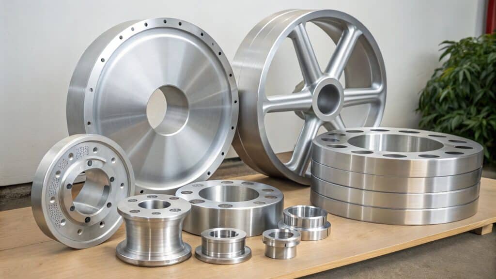 alt with keywords: forging hammer striking a glowing aluminum billet labeled with common alloy numbers